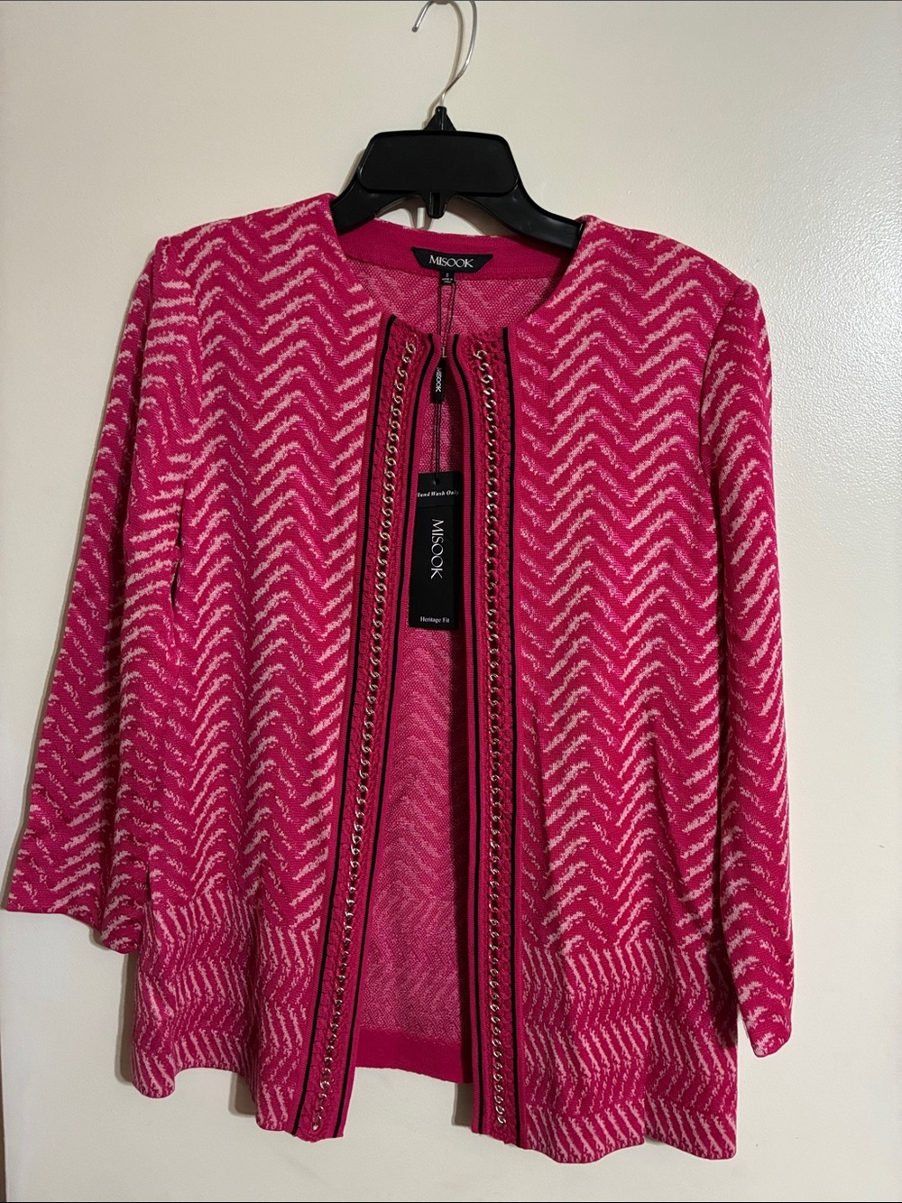 Misook Hot Pink Chevron Open-Front Knit Cardigan with Contrast Trim
